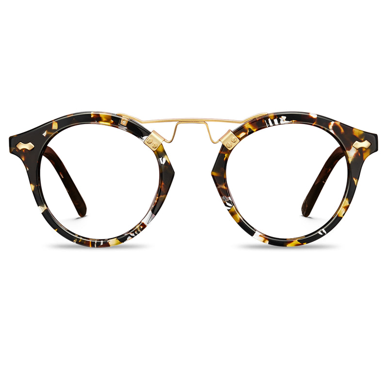 Round tortoiseshell eyeglass frames with clear lenses