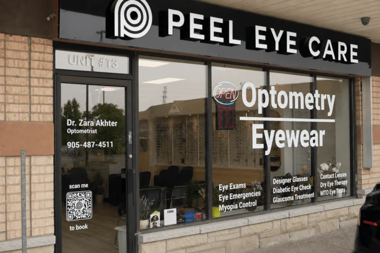 Peel Eye Care storefront and entrance at Unit 13, 499 Ray Lawson Boulevard in Brampton