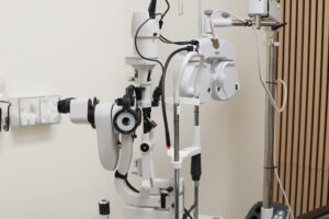 Phoropter and slit-lamp equipment in a Peel Eye Care examination room