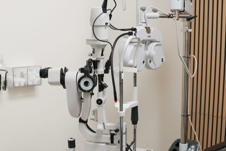 Phoropter and slit-lamp equipment in a Peel Eye Care examination room